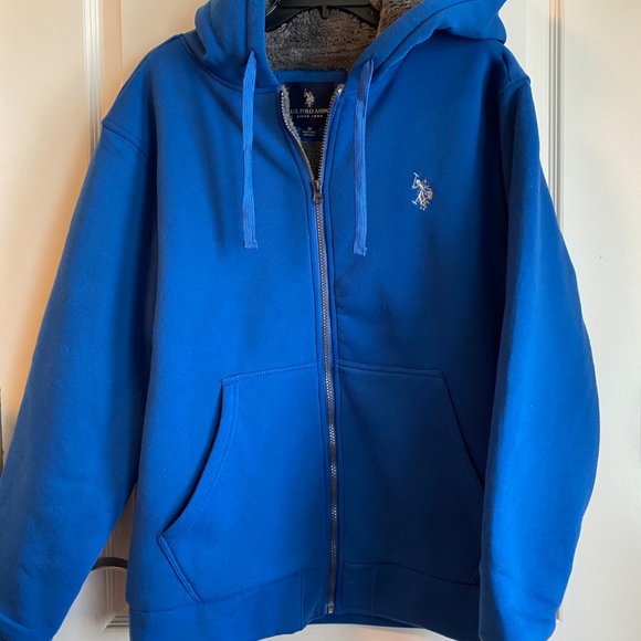 U.S. POLO ASSN Cobalt Blue Grey Sherpa Lined Full Zip Hoodie Jacket Medium NWT - Picture 3 of 5